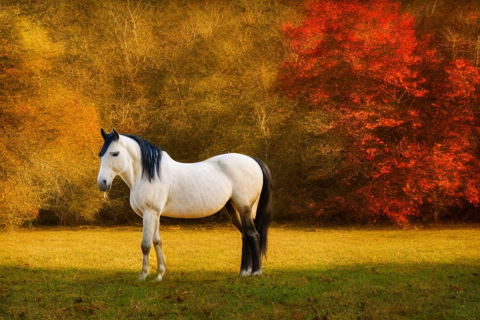 White Horse in Field with Vibrant Autumn Trees