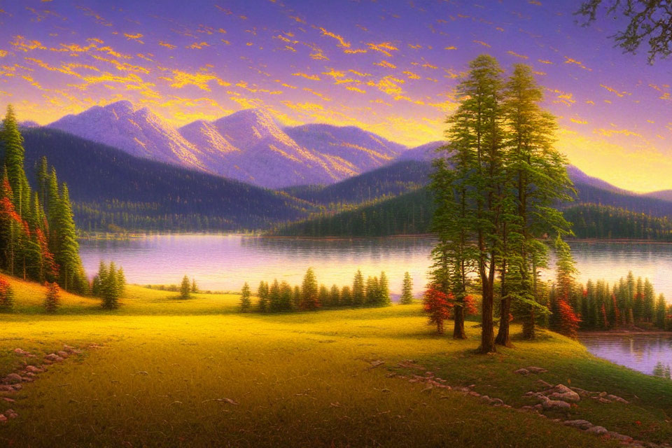 Tranquil landscape with colorful skies, lake, forest, and mountains