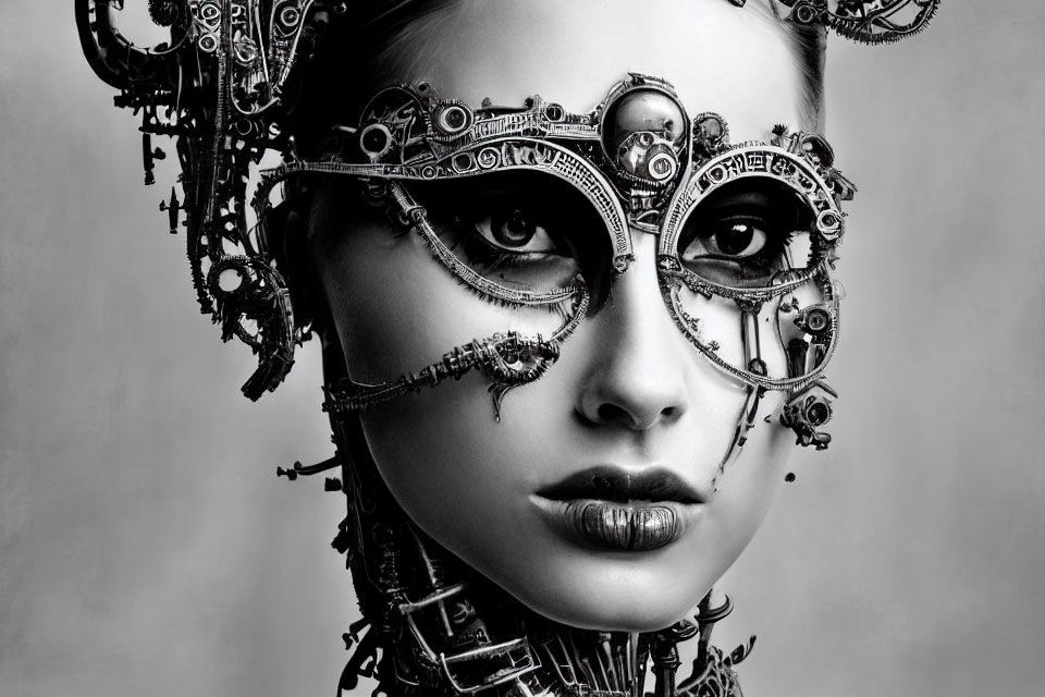 Monochrome portrait with steampunk-style goggles and headgear