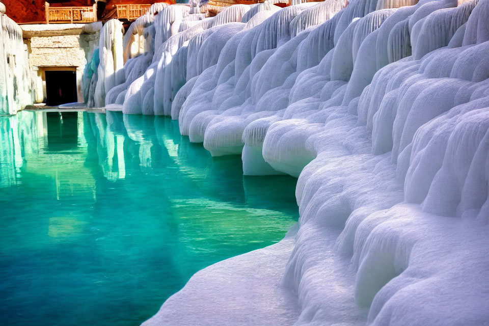 Turquoise water pools on white travertine terraces in Pamukkale, Turkey