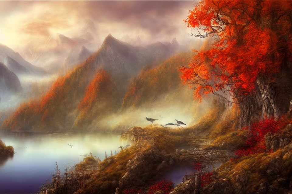 Tranquil autumn lake with mist, red foliage, cranes, and mountains