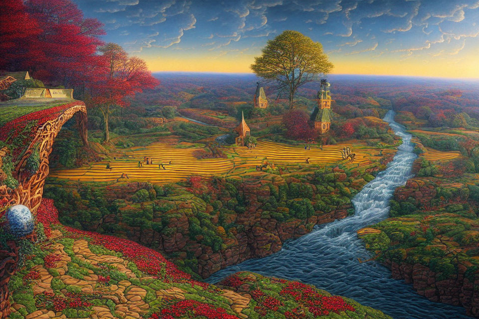 Colorful Fantasy Landscape with River, Forest, Towers, Bridge, and Patterned Sky