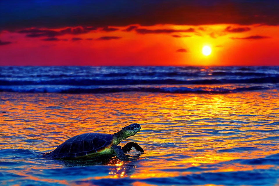 Sea turtle entering water at sunset with vibrant orange and blue sky