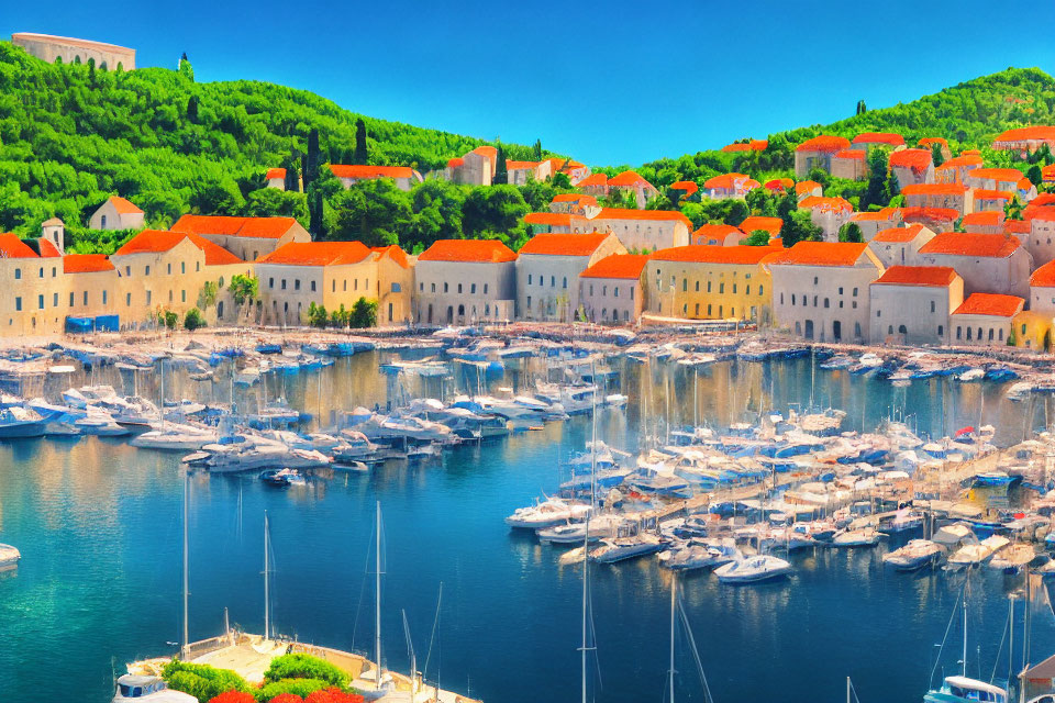 Scenic coastal town with marina, orange-roofed buildings, and green hills