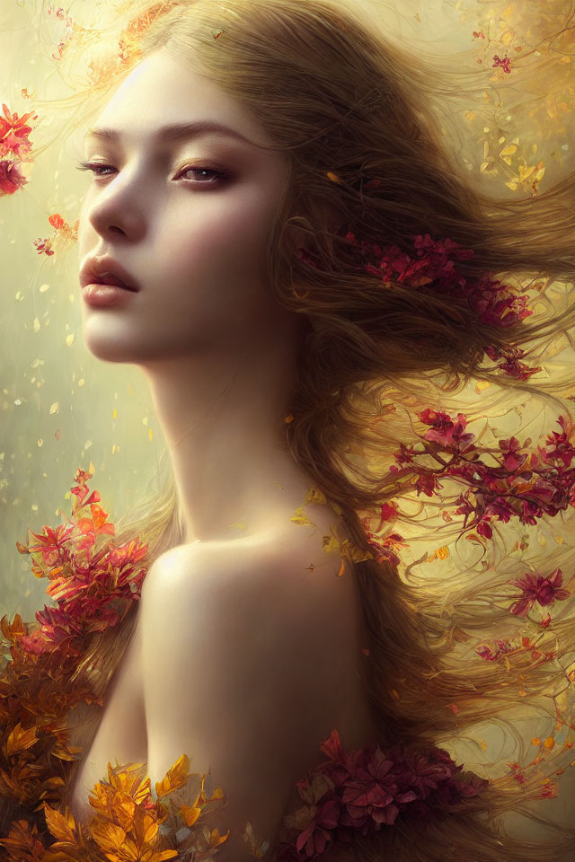 Portrait of woman with golden hair and autumn leaves against glowing backdrop