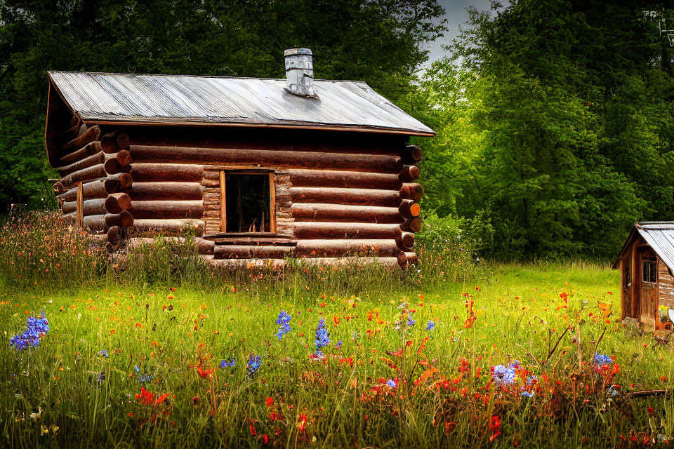 Rustic log cabin with metal roof in wildflower meadow