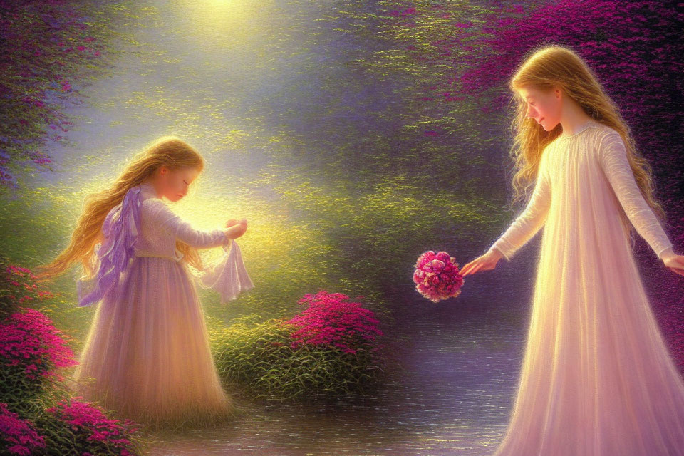 Two girls in flowing dresses exchange flowers in a luminous garden