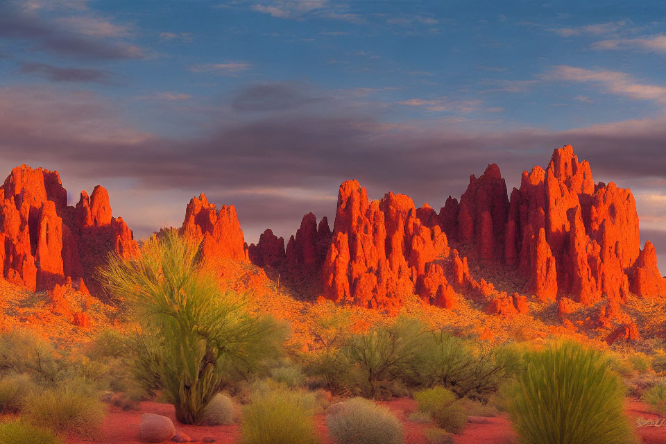 Sunset over Desert Landscape with Orange Hues and Purple Skies