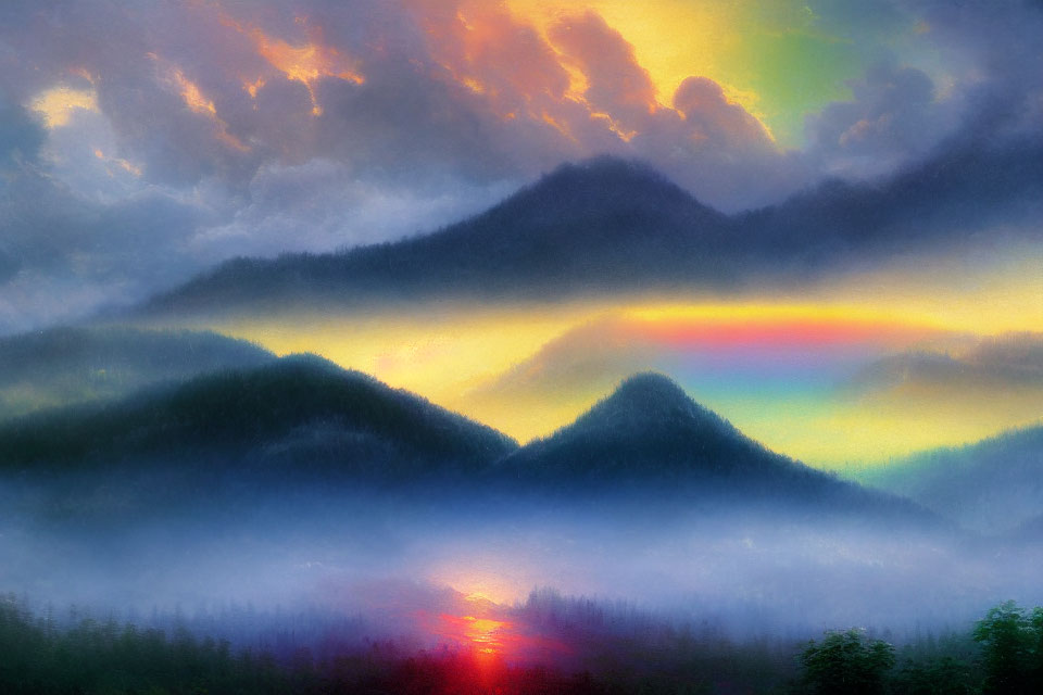 Vibrant rainbow over colorful sunset clouds and misty mountains.