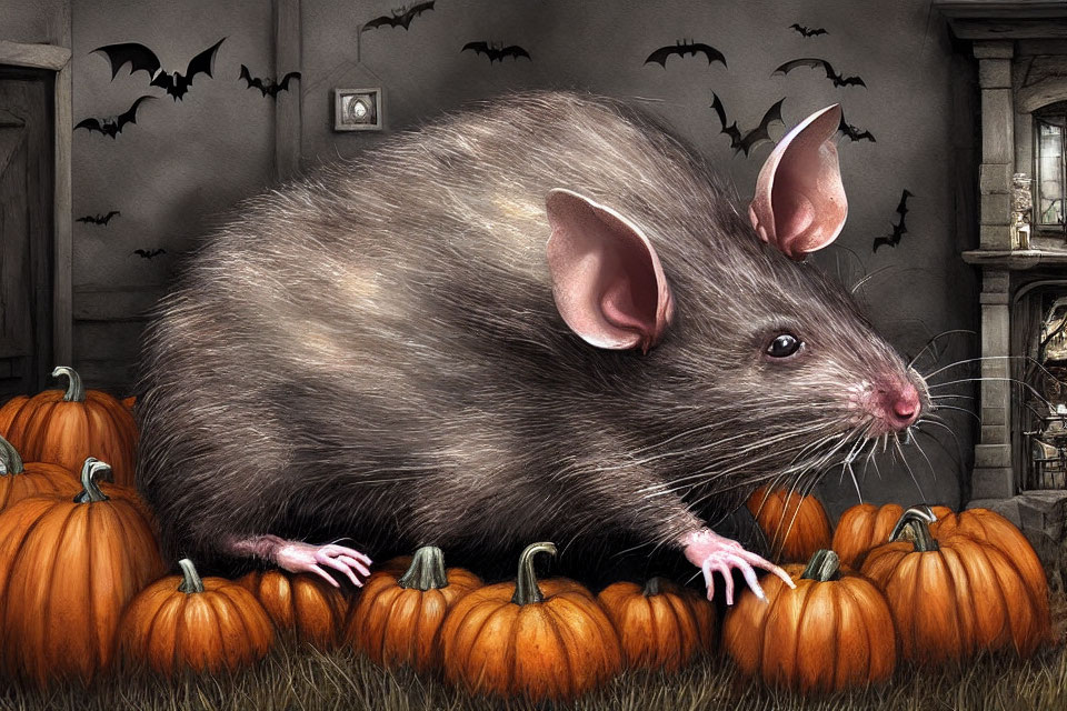 Illustrated Rat Among Orange Pumpkins and Flying Bats in Spooky Room