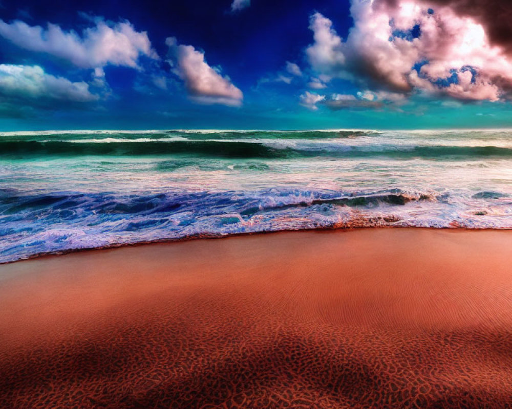 Scenic beachscape with turbulent turquoise sea and red sand under dramatic sky