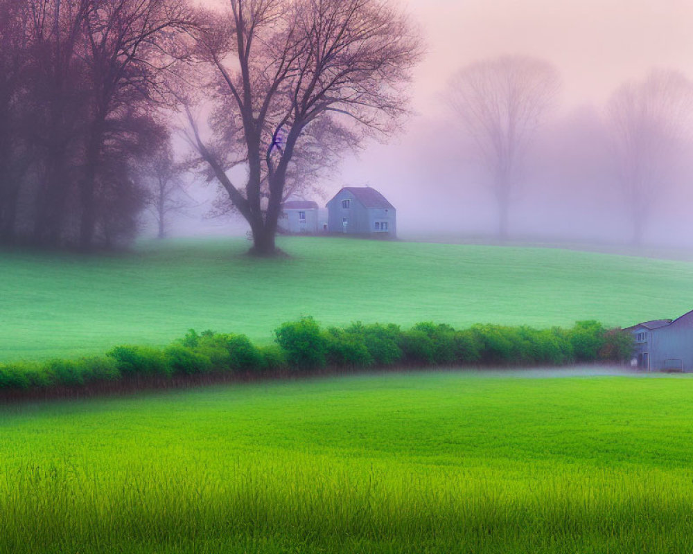 Misty landscape with green meadow, trees, houses, and barn.