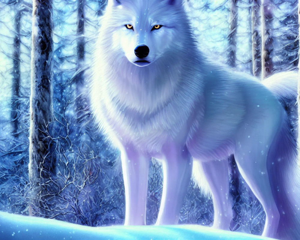 Majestic white wolf in snowy forest with blue eyes