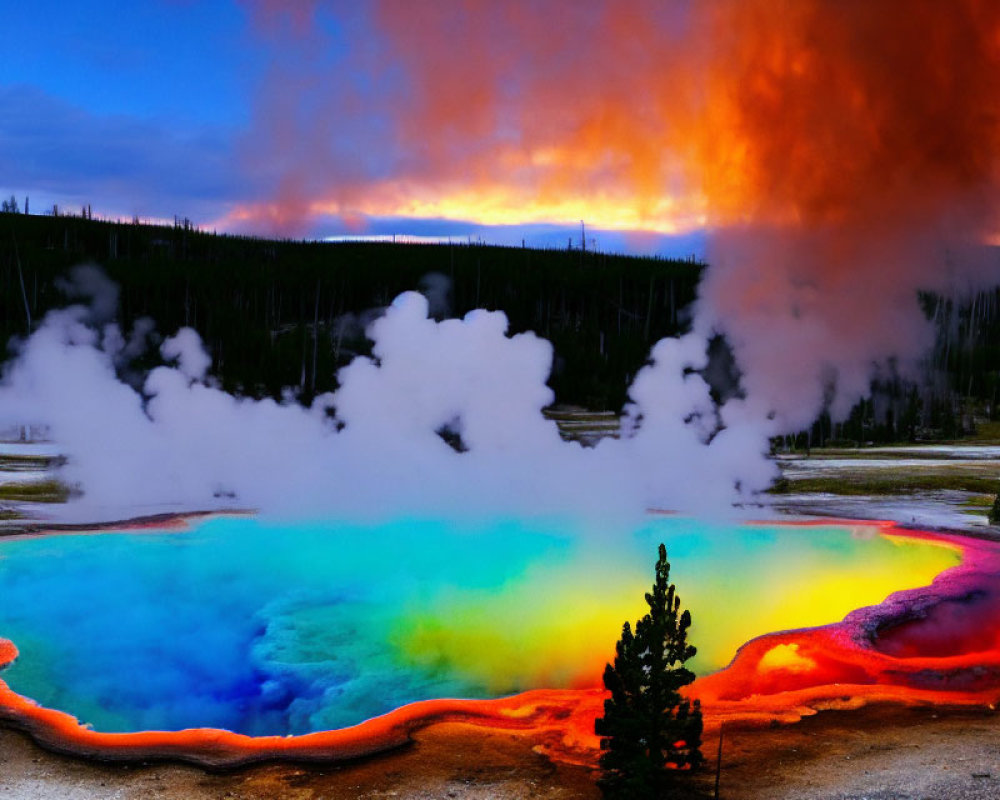 Colorful Geothermal Spring Surrounded by Forest and Fiery Sky