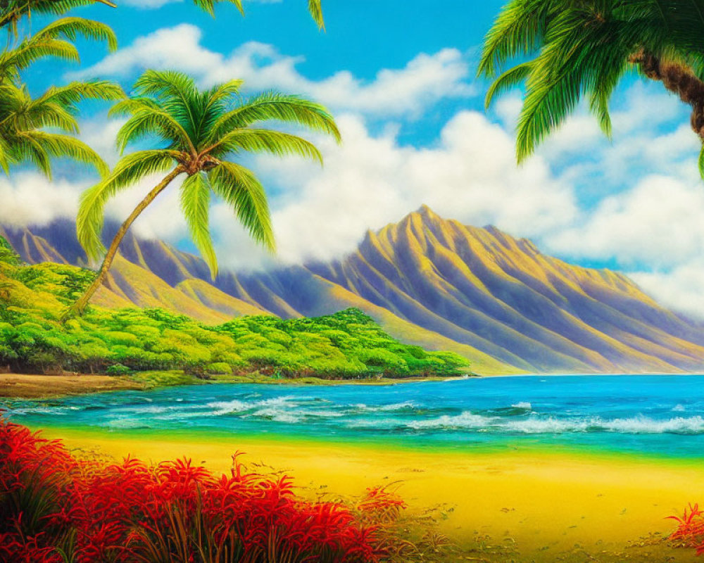 Vibrant tropical beach with palm trees, red foliage, blue ocean, and mountain range