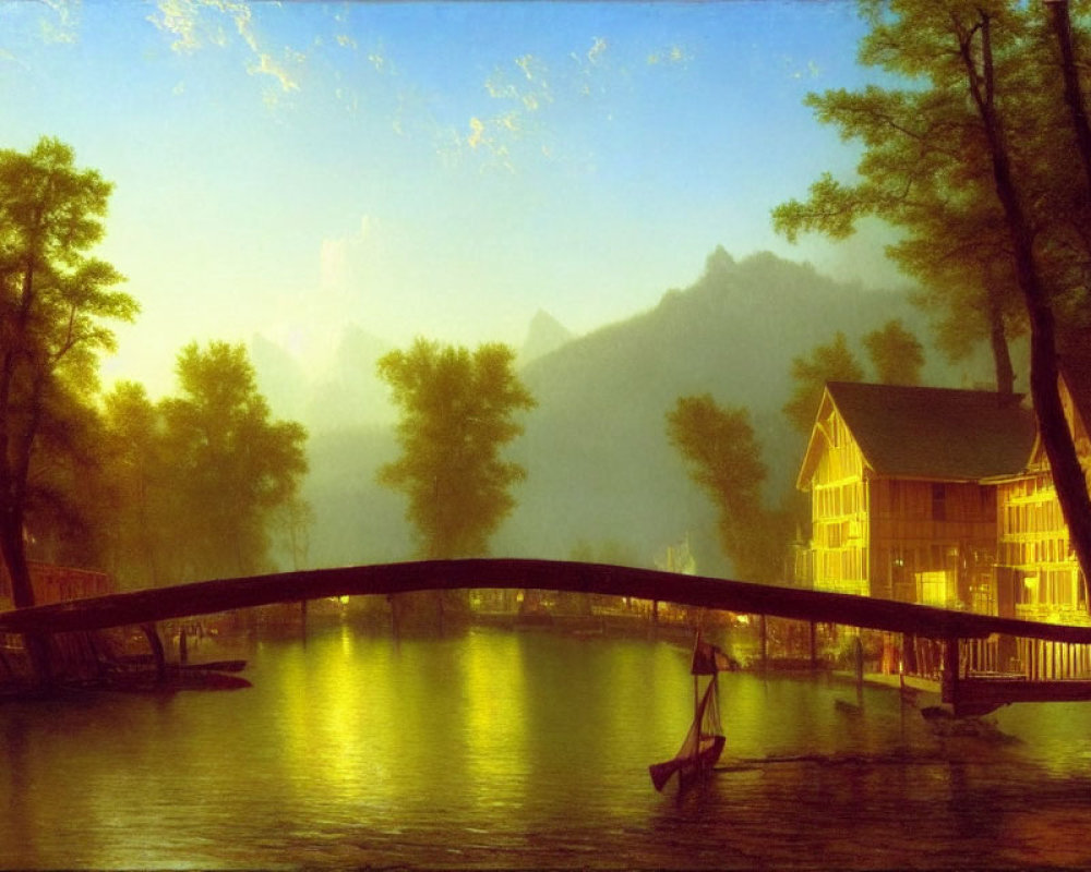 Tranquil painting of wooden bridge over calm river at sunrise