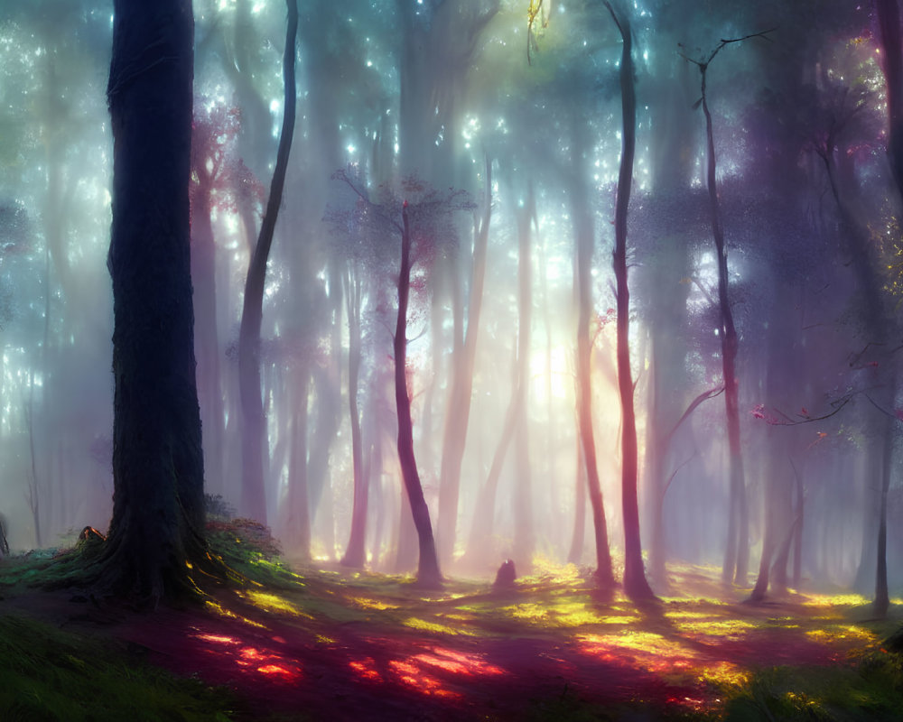 Ethereal forest with purple and pink lights, fog, and lone stag