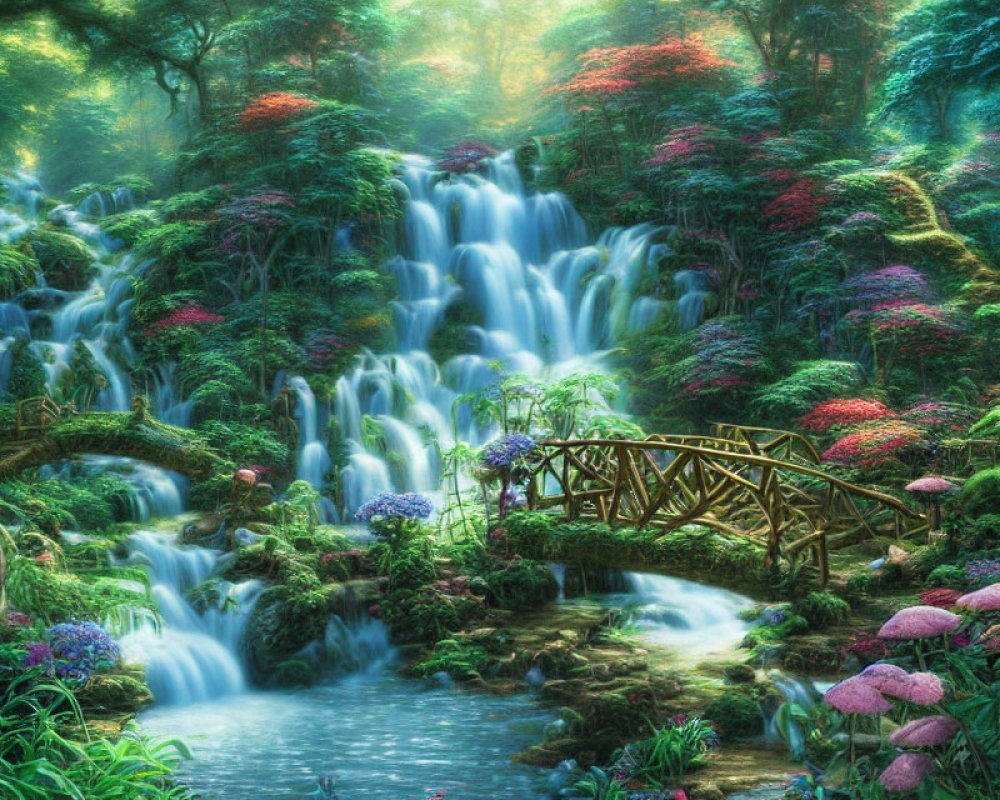 Scenic waterfall in lush forest with wooden bridge