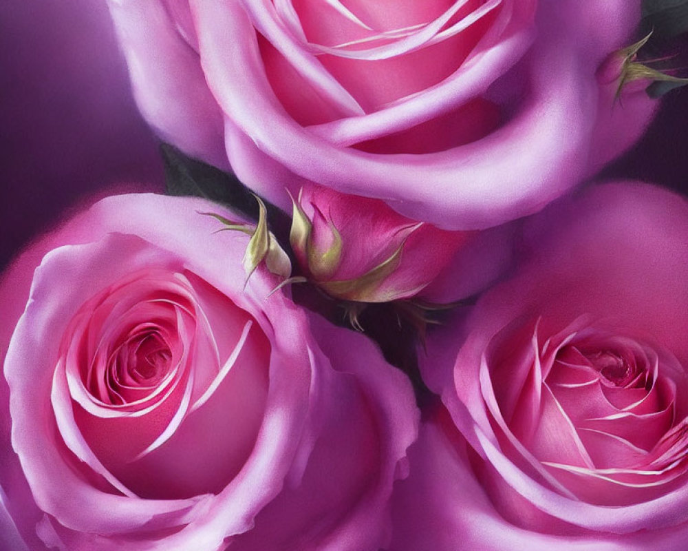 Three pink roses on dark purple background: elegant and romantic.