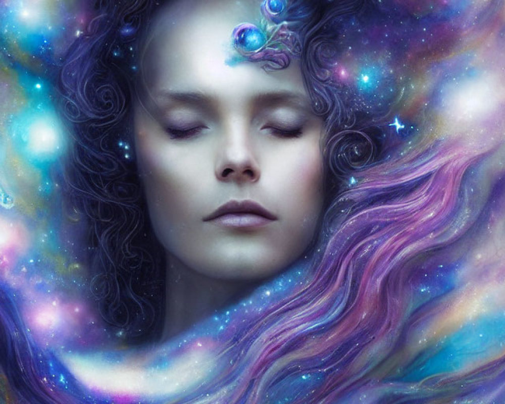 Woman blending into cosmic background with flowing hair and jewel adornment.