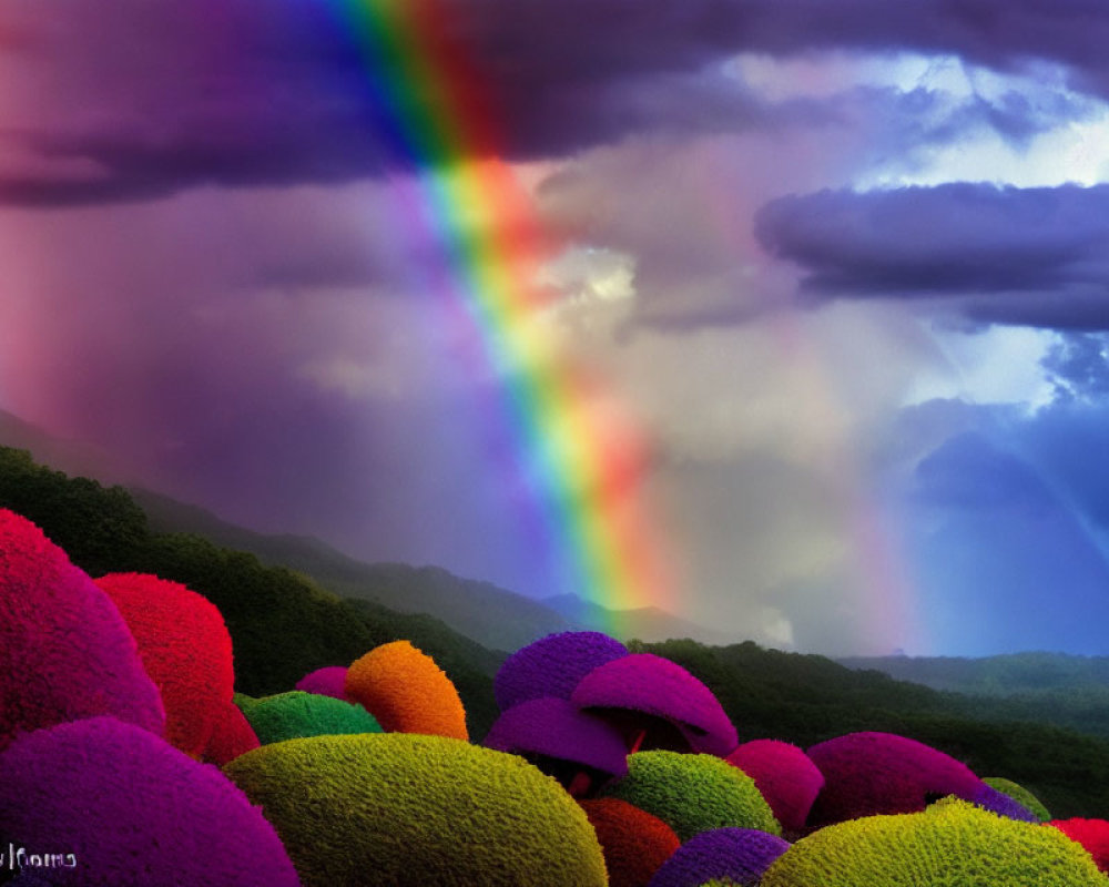 Dramatic sky with vibrant rainbow over colorful landscape