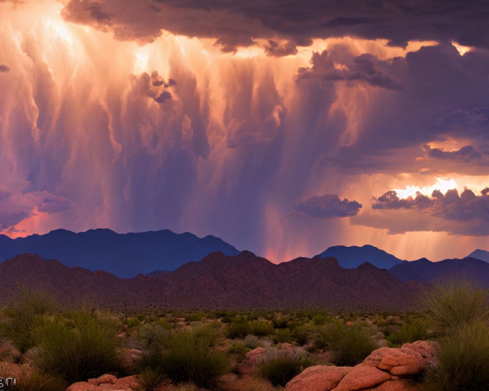 Vibrant thunderstorm with lightning over mountainous desert at twilight