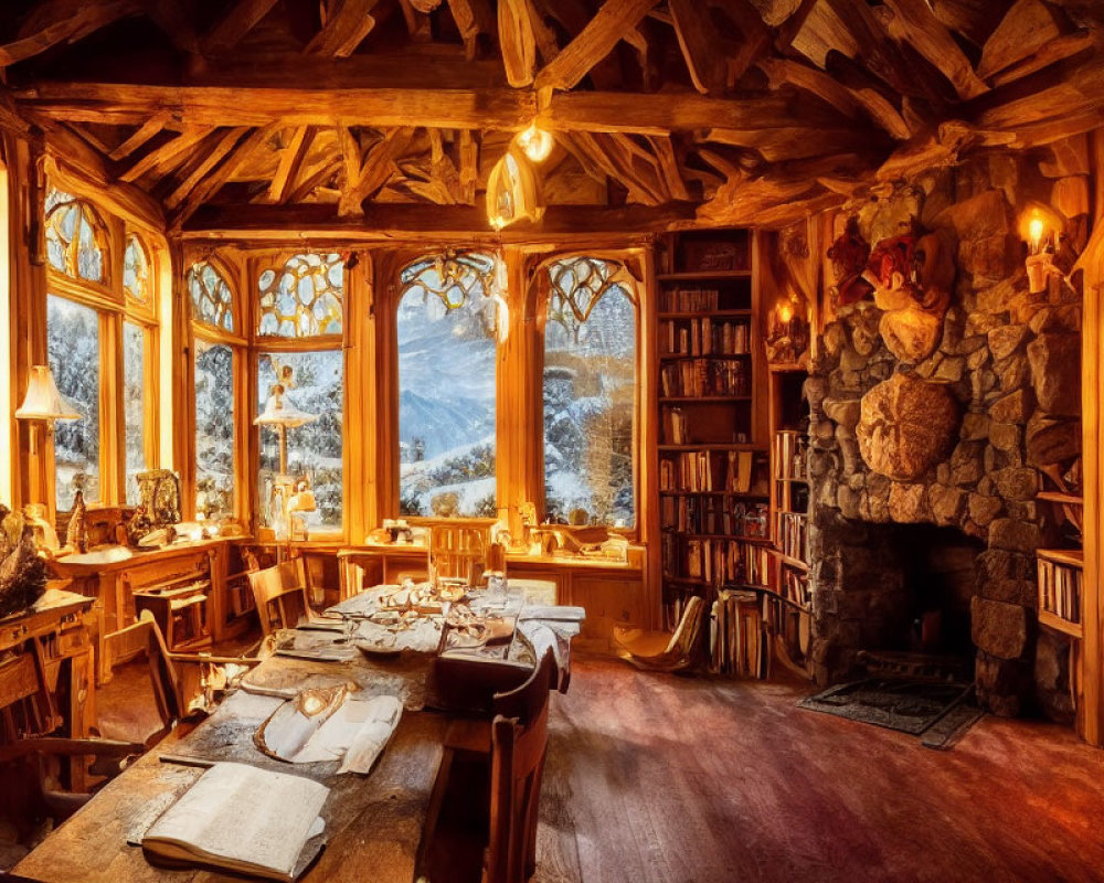 Rustic wooden cabin interior with fireplace, snowy mountain view, and cozy decor