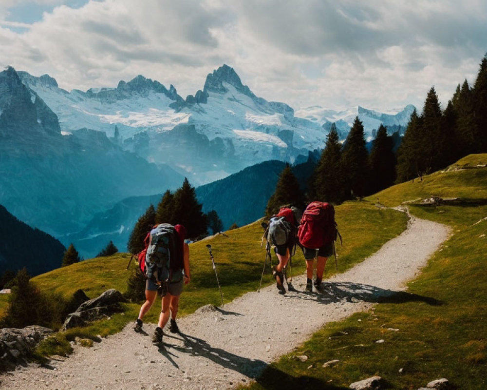 Hikers on Mountain Trail with Alpine Peaks View