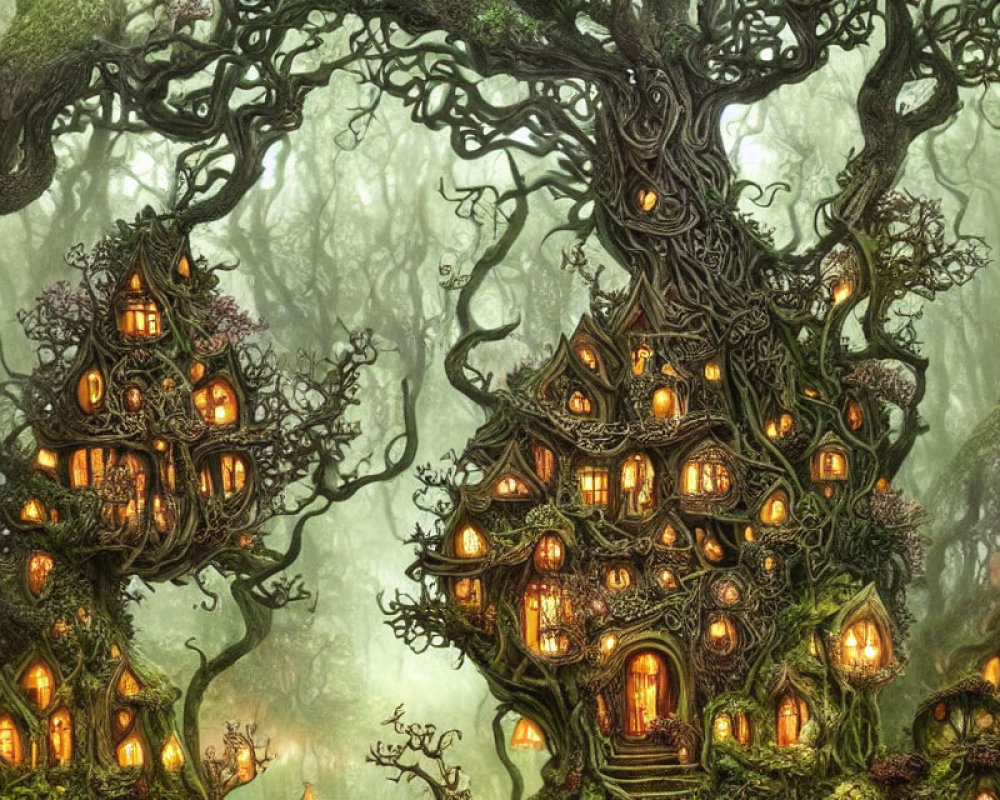 Enchanting forest with whimsical tree houses and glowing windows among ancient trees