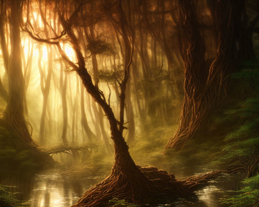 Misty forest with moss-covered trees and serene water body