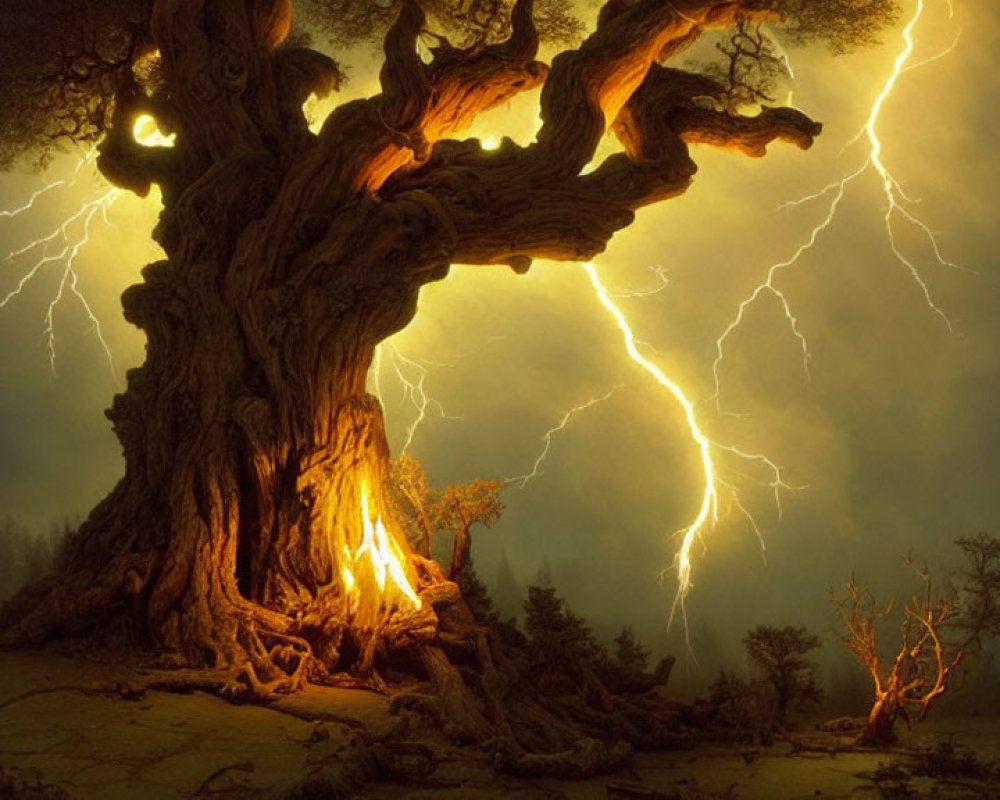 Twisted ancient tree in moody forest under lightning storm