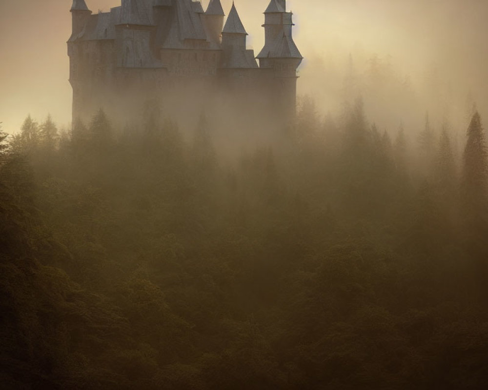 Misty forest with castle emerging in warm light