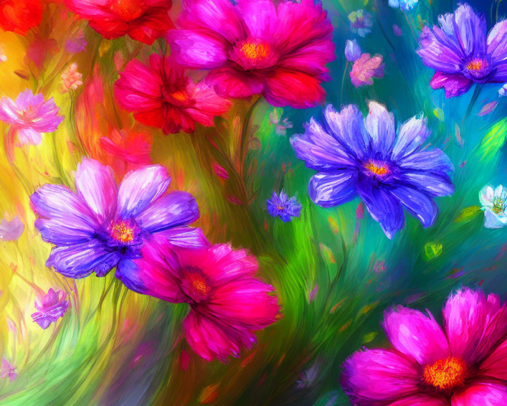 Colorful Abstract Painting of Blue and Pink Flowers on Swirling Background