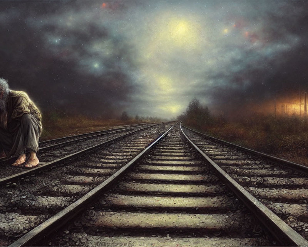 Elderly person sitting on railway track under dramatic night sky