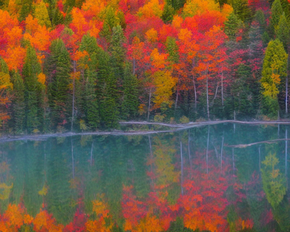 Tranquil lake mirrors colorful autumn forest landscape