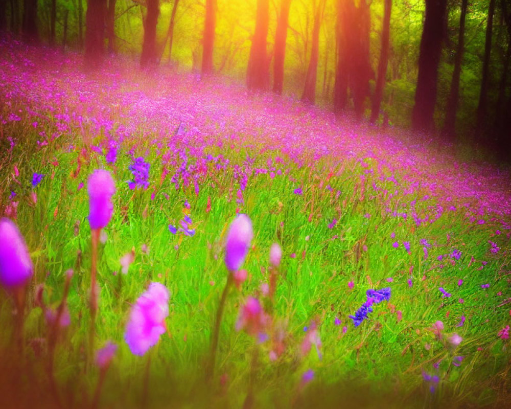 Lush Forest Scene with Sunlight and Purple Wildflowers