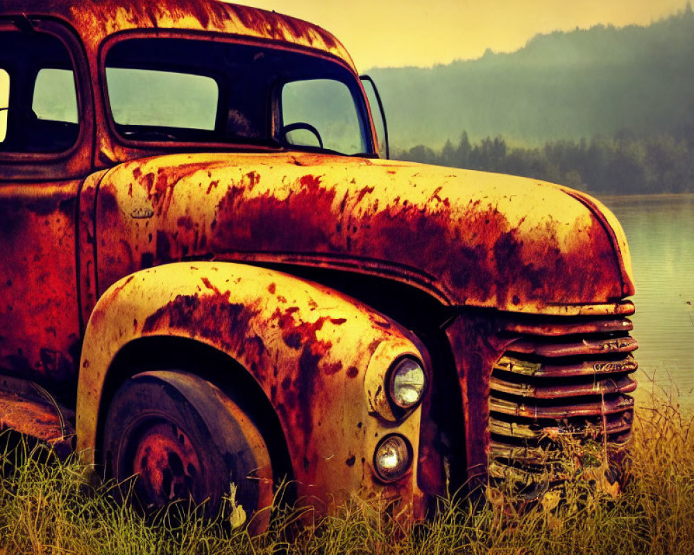 Abandoned rusting truck by tranquil lake with hazy hills