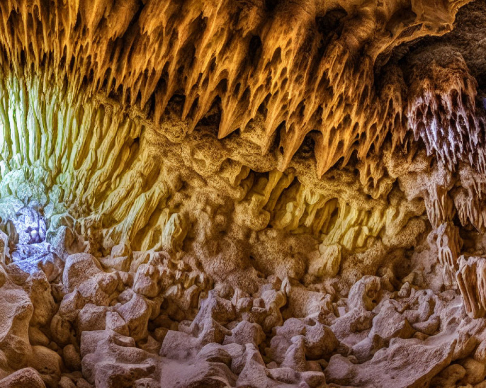 Colorful Cave Interior with Stalactites and Stalagmites in Orange and Brown Tones