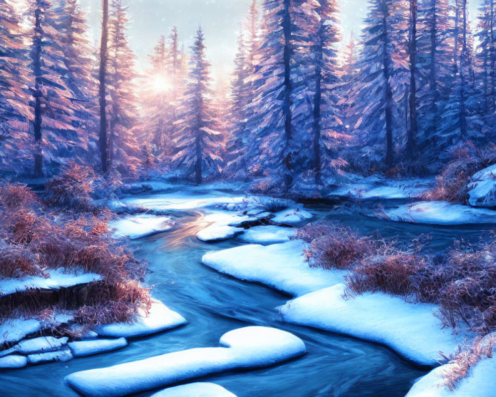 Tranquil winter landscape with stream, snow-covered forest, and setting or rising sun.