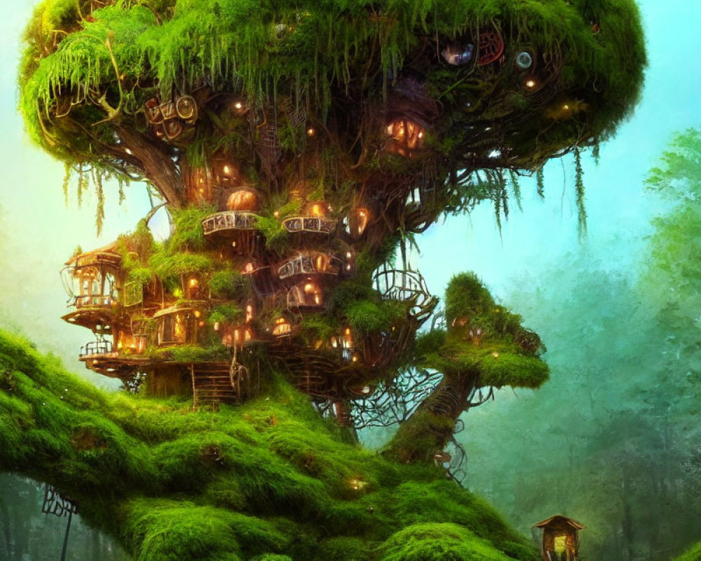 Intricate Wooden Treehouse in Mossy Forest Setting