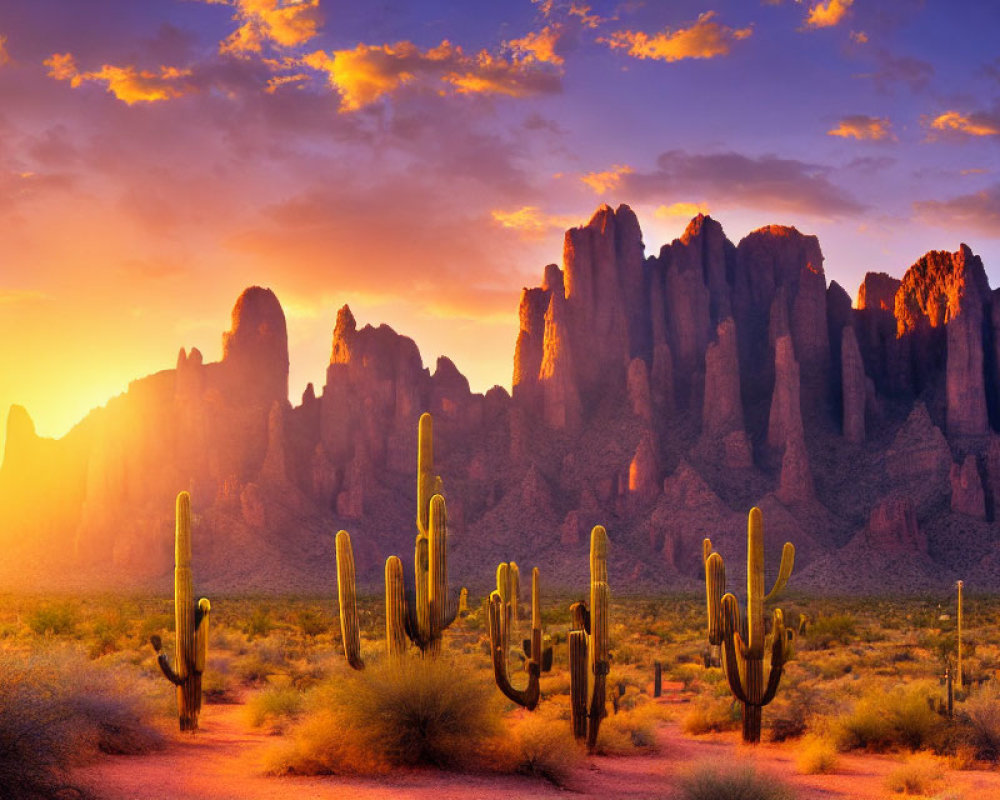 Vivid desert sunset with rocky mountains and cacti