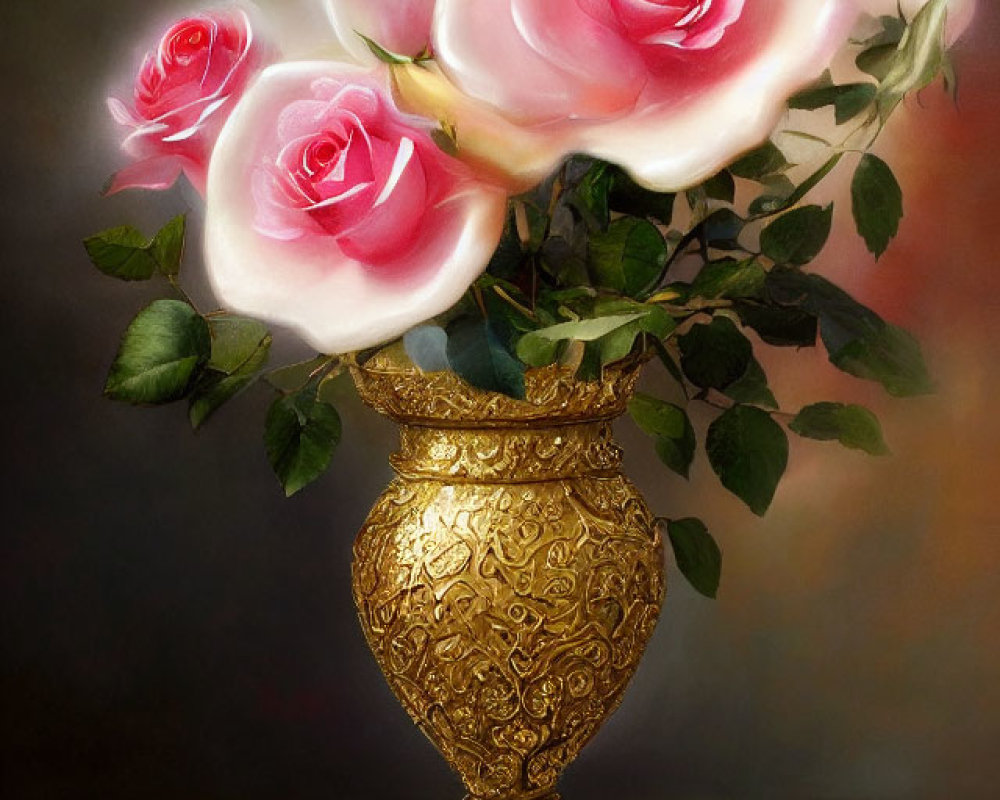 Delicate pink roses in ornate gold vase against blurred background