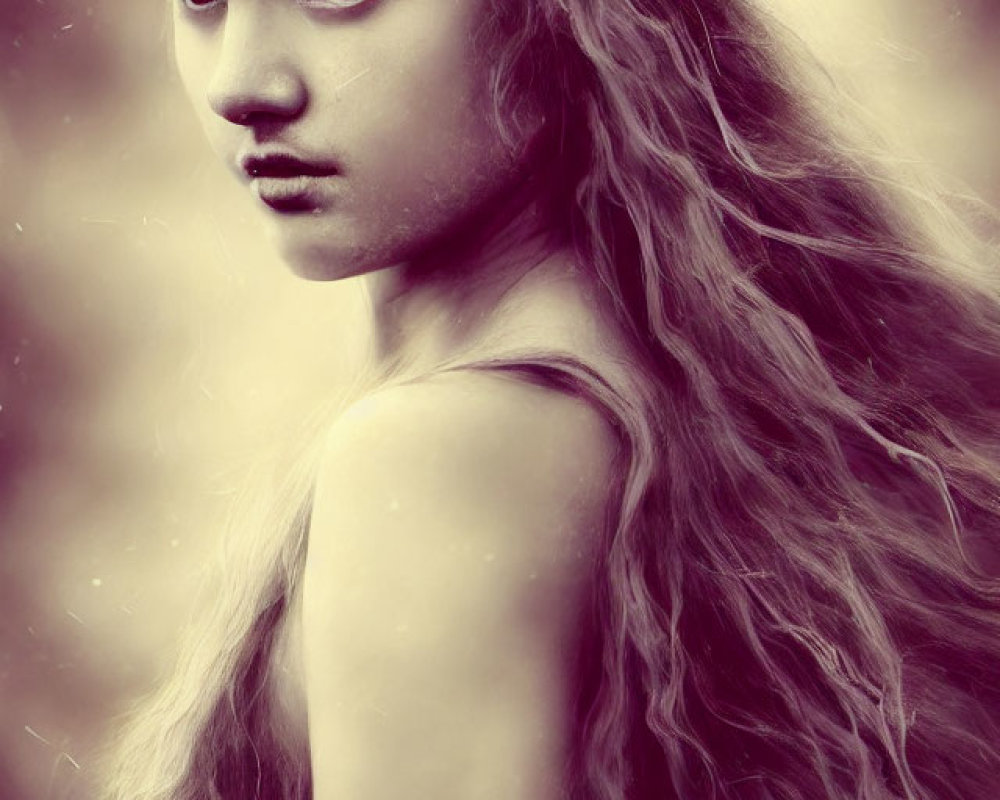 Young girl with wavy hair and crown in sepia-toned portrait