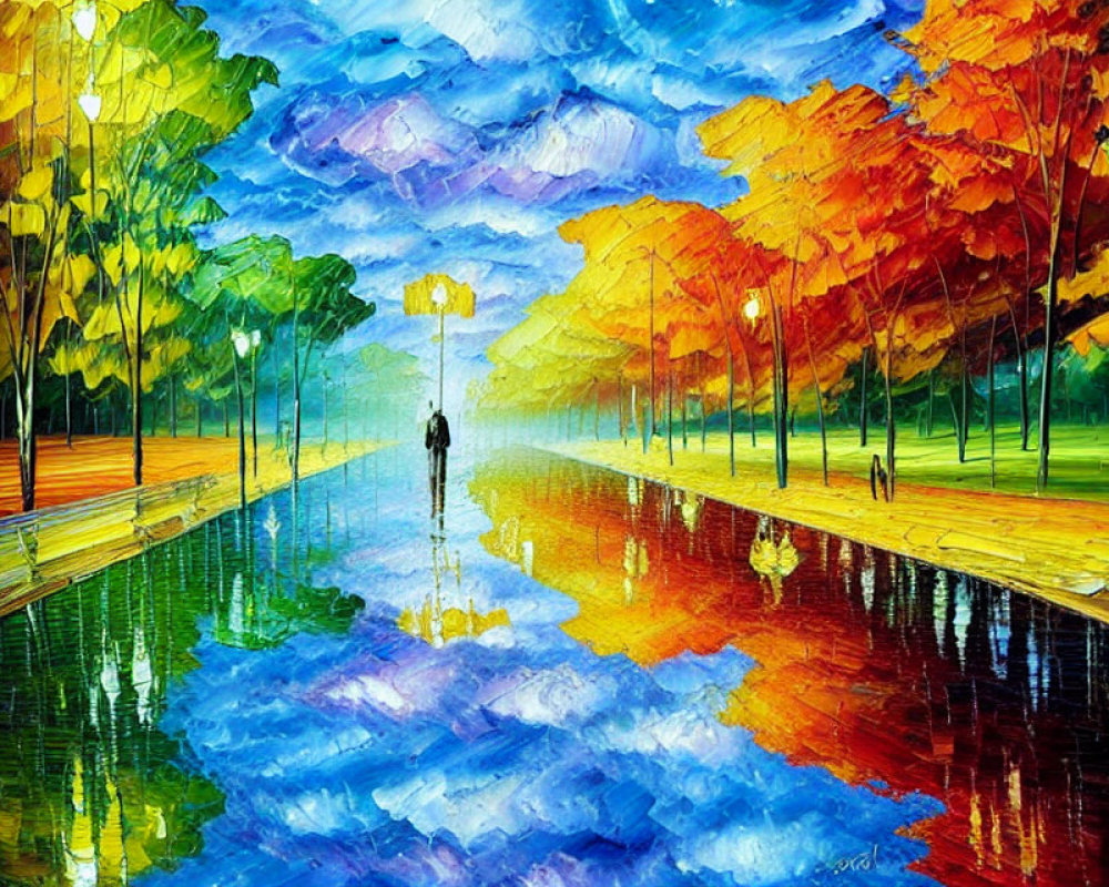 Colorful painting of person with umbrella on reflective pathway surrounded by autumn trees under cloudy sky