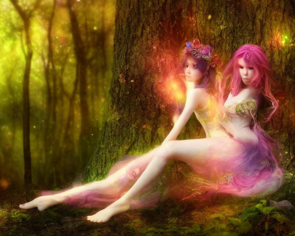 Ethereal female figures with colorful hair in enchanted forest