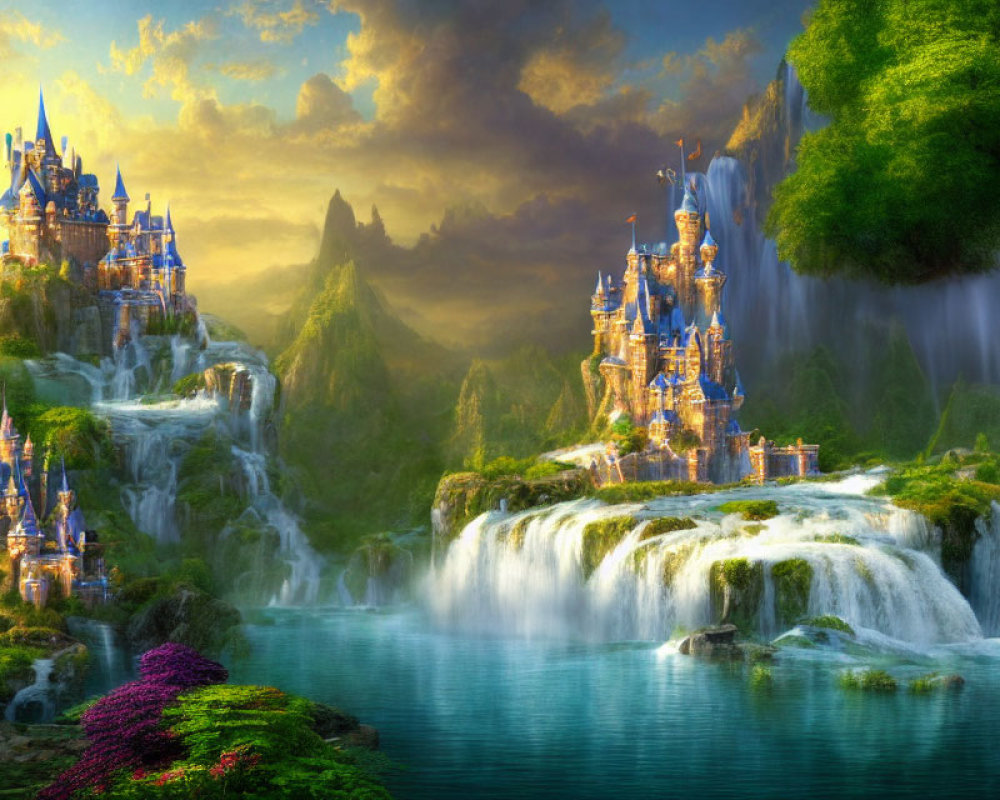 Majestic castles on lush waterfalls in vibrant sunset landscape