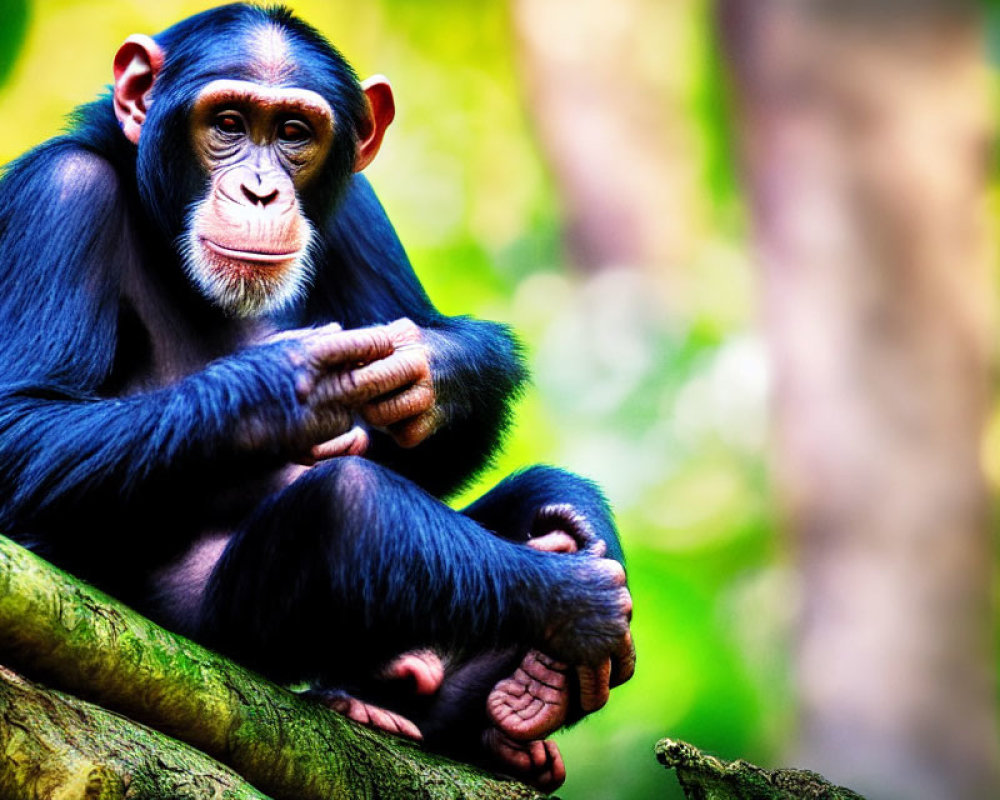 Chimpanzee sitting on tree limb in lush forest