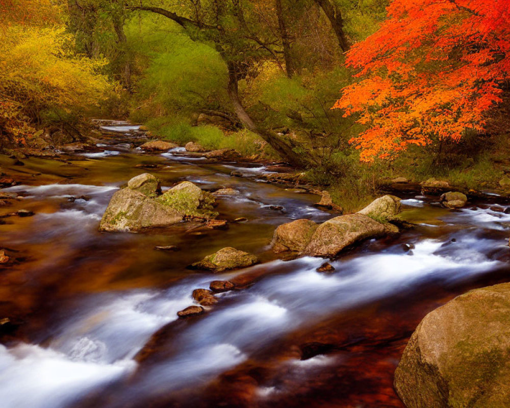 Tranquil stream with autumn foliage in red, orange, and green