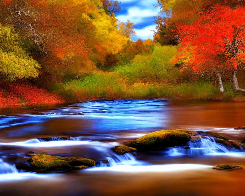 Scenic autumn landscape with river, moss-covered rocks, and colorful trees