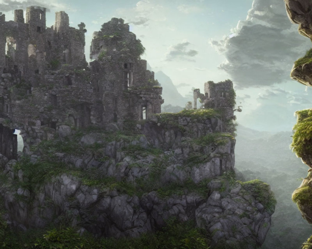 Ancient ruins on jagged cliffs in lush greenery with floating stone formations